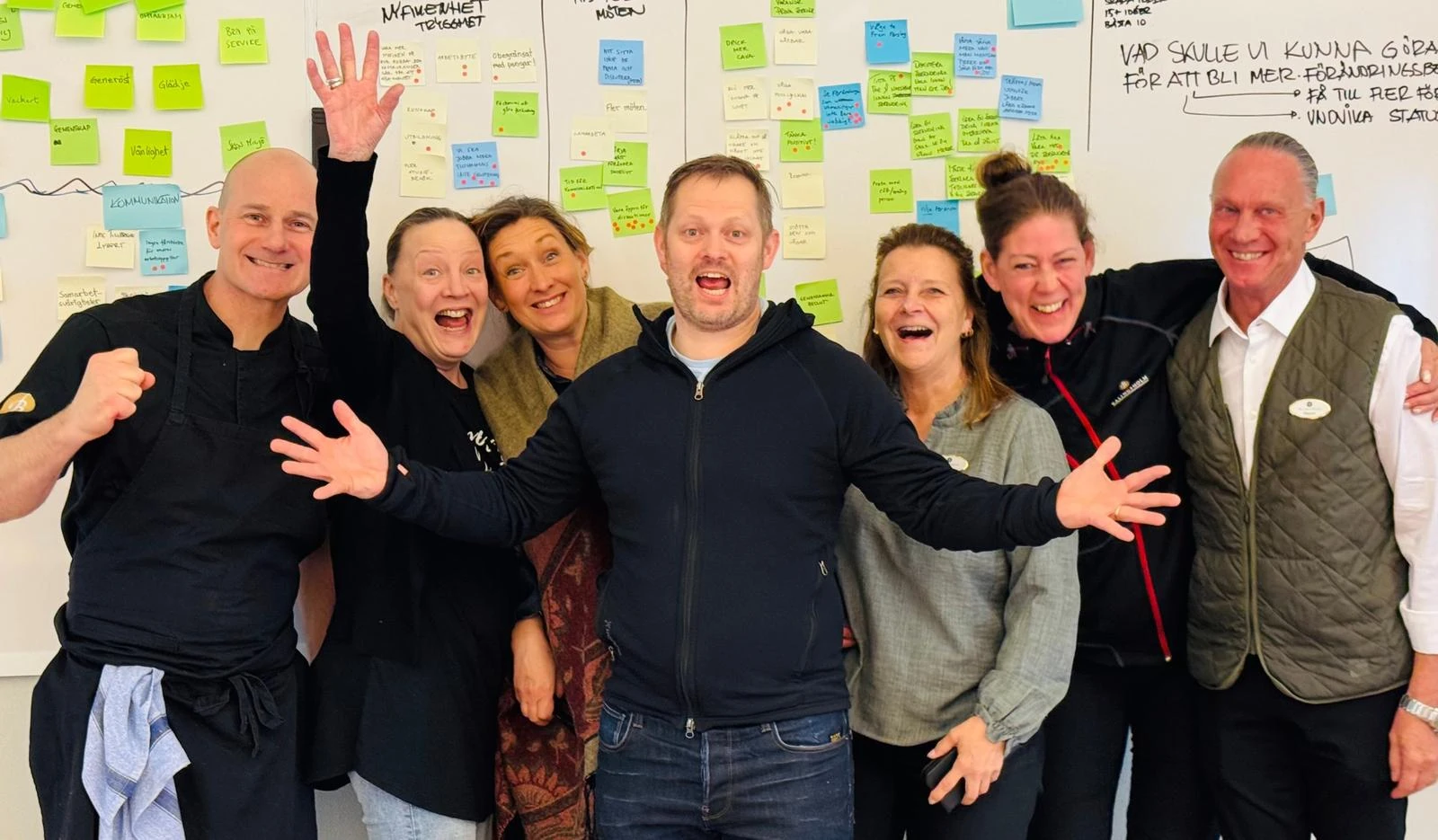 Ett glatt team framför en vägg full av post-it-lappar
