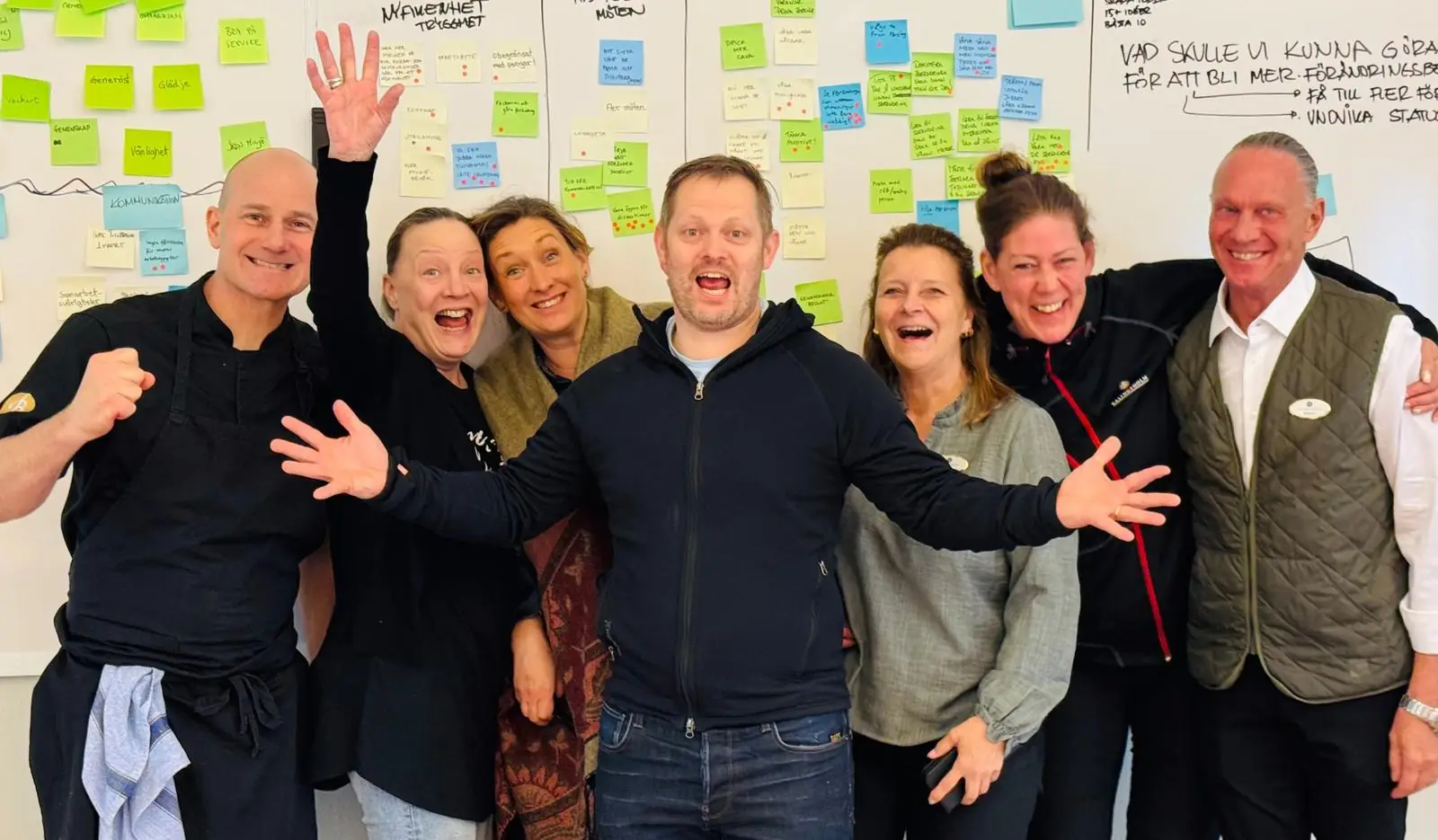 Ett glatt team framför en vägg full av post-it-lappar